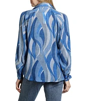 APNY Printed Collared V-Neck Long Sleeve Blouse