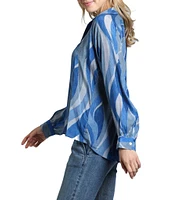 APNY Printed Collared V-Neck Long Sleeve Blouse