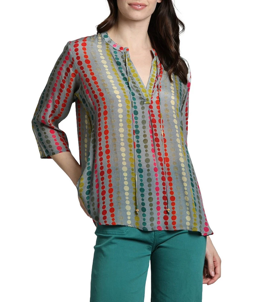 APNY Printed Crepe V-Neck Tassel 3/4 Sleeve Top