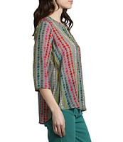 APNY Printed Crepe V-Neck Tassel 3/4 Sleeve Top