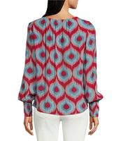 APNY Printed Crew Neck Long Sleeve Smocked Cuff Blouse