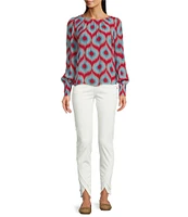 APNY Printed Crew Neck Long Sleeve Smocked Cuff Blouse