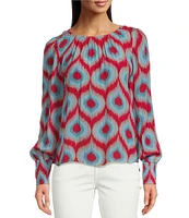 APNY Printed Crew Neck Long Sleeve Smocked Cuff Blouse