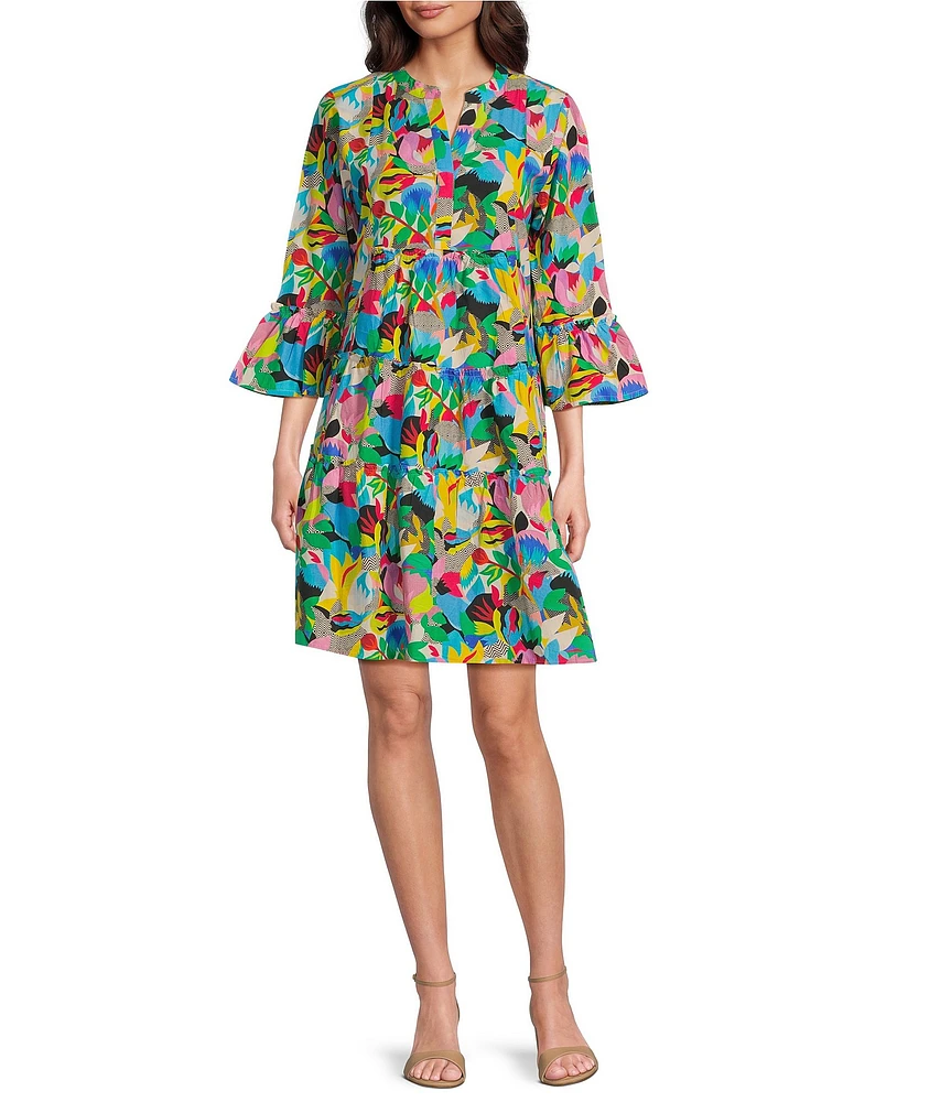 APNY Printed Split Neck 3/4 Flounce Sleeve Tiered A-Line Dress