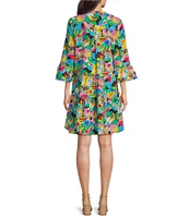 APNY Printed Split Neck 3/4 Flounce Sleeve Tiered A-Line Dress