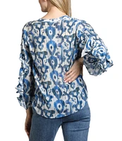 APNY Printed Split V-Neck Ruffle Sleeve Top