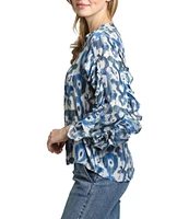 APNY Printed Split V-Neck Ruffle Sleeve Top