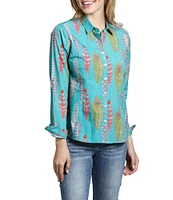 APNY Printed Spread Collar Neckline Long Sleeve Button Front Top