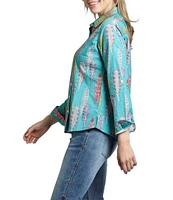 APNY Printed Spread Collar Neckline Long Sleeve Button Front Top