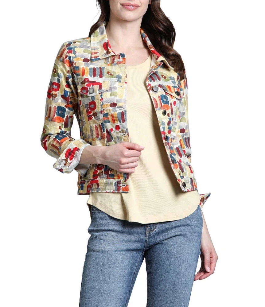 APNY Printed Stretch Twill Collared Long Sleeve Denim Jacket