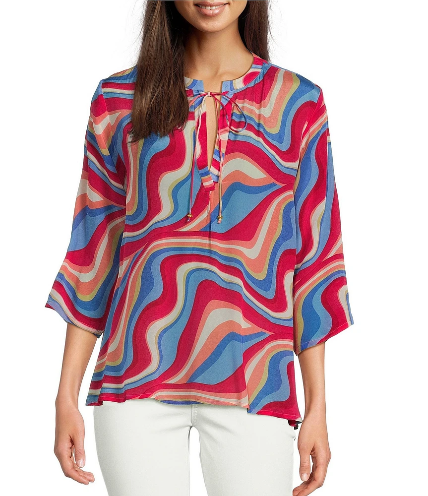 APNY Printed Tassel V-Neck 3/4 Sleeve Blouse