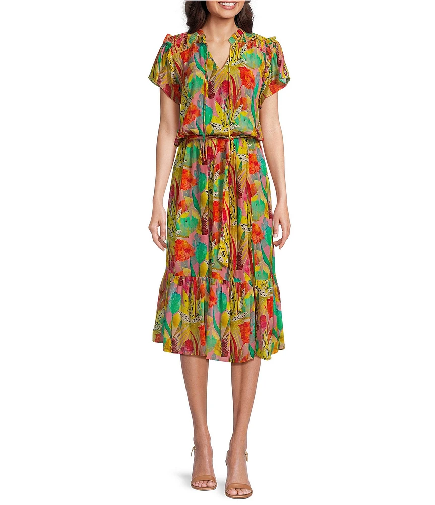 APNY Printed V-Neck Short Sleeve Smocked A-Line Dress