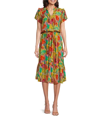 APNY Printed V-Neck Short Sleeve Smocked A-Line Dress
