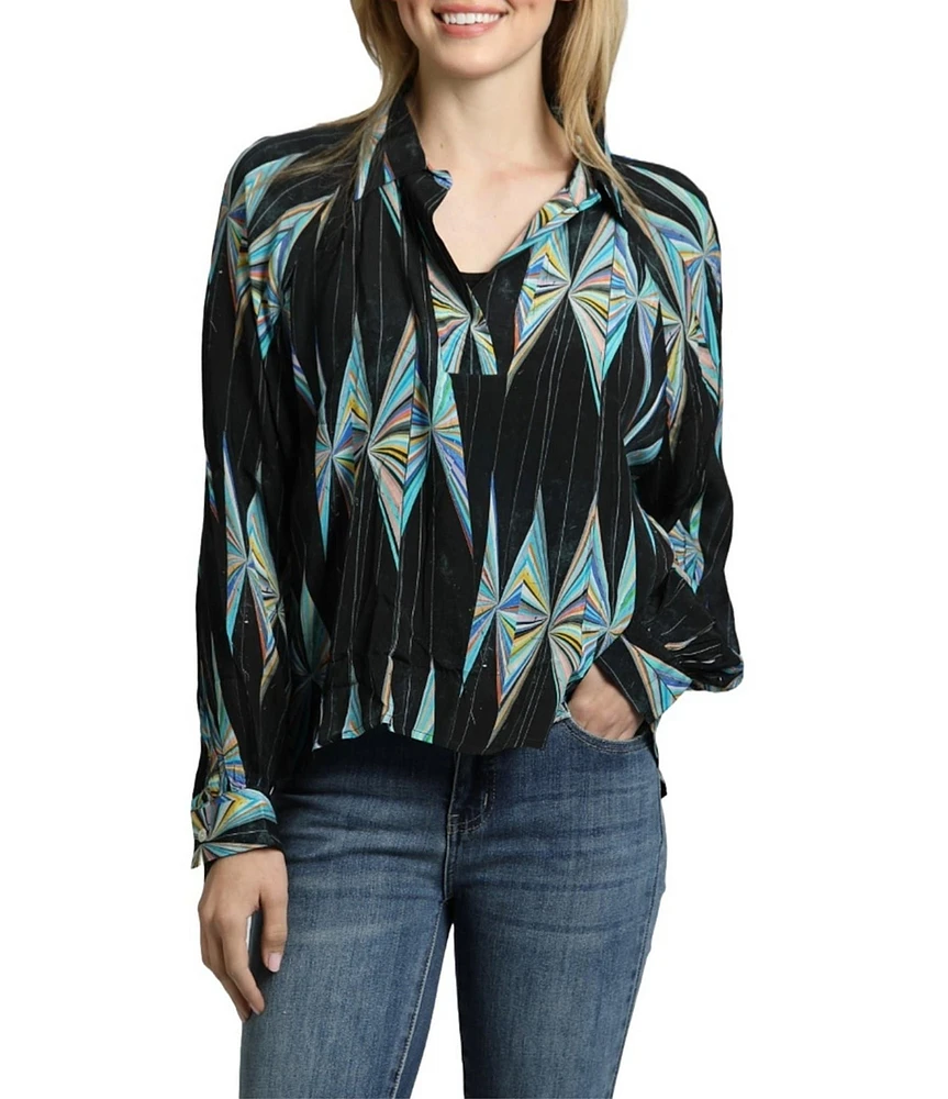 APNY Printed V Neckline Flounce Long Sleeve Blouse