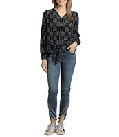 APNY Printed V-Neckline Long Sleeve Tie Front Top