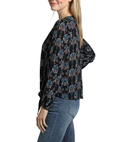 APNY Printed V-Neckline Long Sleeve Tie Front Top