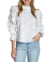 APNY Ruffle Embroidery Mock Neckline 3/4 Sleeve Top