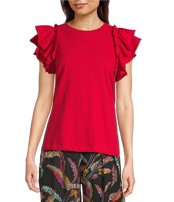 APNY Slub Crew Neck Ruffled Cap Sleeve Tee