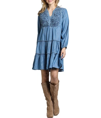 APNY Smocked Denim Long Sleeve V-Neck Dress