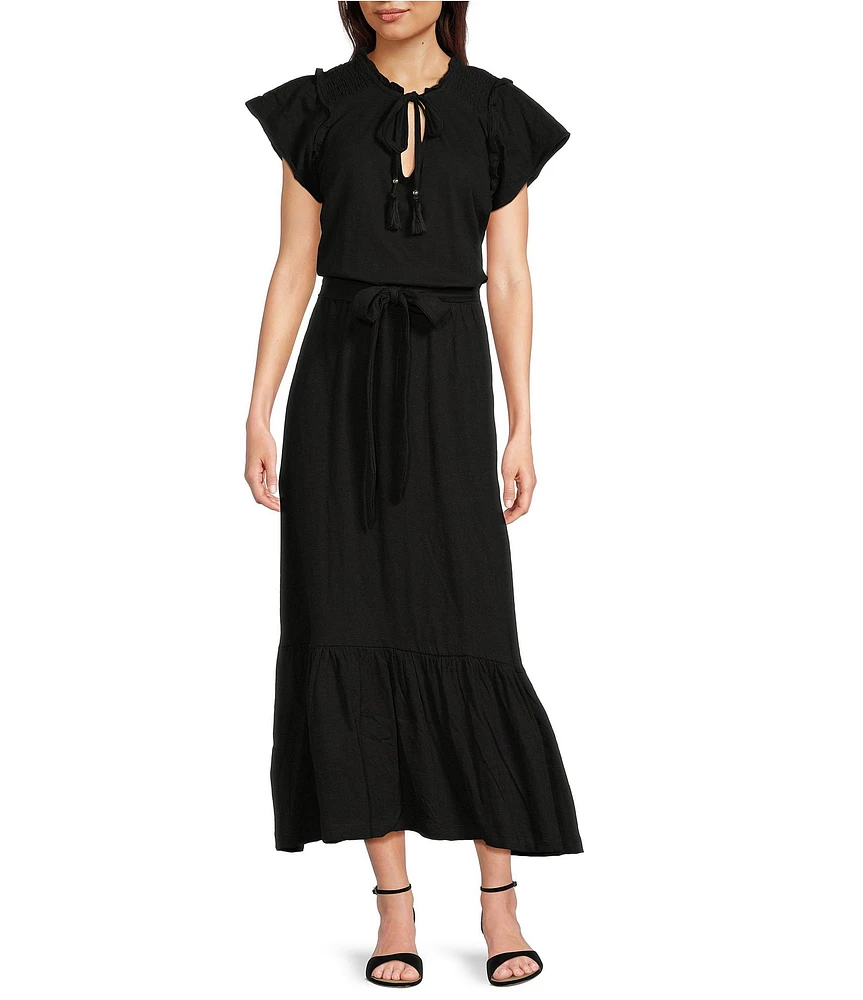 APNY Smocked Tassel V-Neck Short Sleeve A-Line Midi Dress