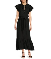 APNY Smocked Tassel V-Neck Short Sleeve A-Line Midi Dress