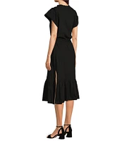 APNY Smocked Tassel V-Neck Short Sleeve A-Line Midi Dress