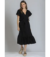 APNY Smocked Tassel V-Neck Short Sleeve A-Line Midi Dress