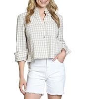 APNY Spread Collar Long Sleeve Woven Checked Cropped Shirt