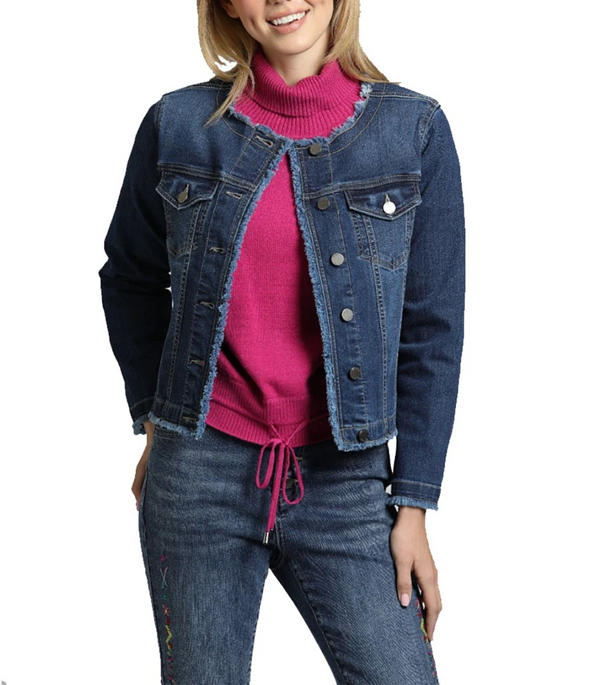 APNY Stretch Collarless Long Sleeve Denim Frayed Jacket