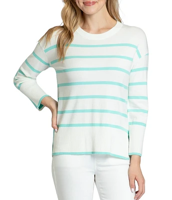 APNY Stripe Crew Neck Side Slit Hem Long Sleeve Pullover