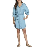 APNY Tencel Spread Collar 3/4 Puff Sleeve Belted Button Front Shirt Dress