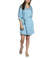 APNY Tencel Spread Collar 3/4 Puff Sleeve Belted Button Front Shirt Dress