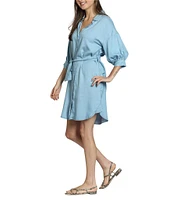 APNY Tencel Spread Collar 3/4 Puff Sleeve Belted Button Front Shirt Dress