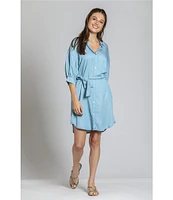 APNY Tencel Spread Collar 3/4 Puff Sleeve Belted Button Front Shirt Dress