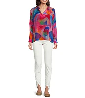 APNY Vibrant Print Half Placket Notch Collar Long Sleeve Blouse