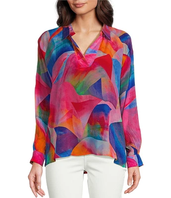 APNY Vibrant Print Half Placket Notch Collar Long Sleeve Blouse