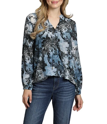 APNY Watercolor Collared Long Sleeve Crossover Top