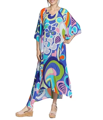 APNY Woven Abstract Print V-Neck 3/4 Sleeves Kaftan Dress