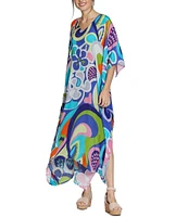 APNY Woven Abstract Print V-Neck 3/4 Sleeves Kaftan Dress