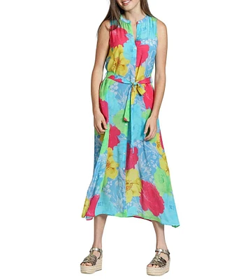 APNY Woven Floral Print Mandarin Collar Sleeveless Belted Shirt Dress