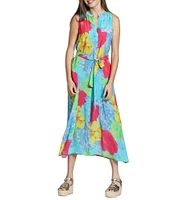 APNY Woven Floral Print Mandarin Collar Sleeveless Belted Shirt Dress