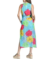 APNY Woven Floral Print Mandarin Collar Sleeveless Belted Shirt Dress