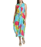 APNY Woven Floral Print Mandarin Collar Sleeveless Belted Shirt Dress