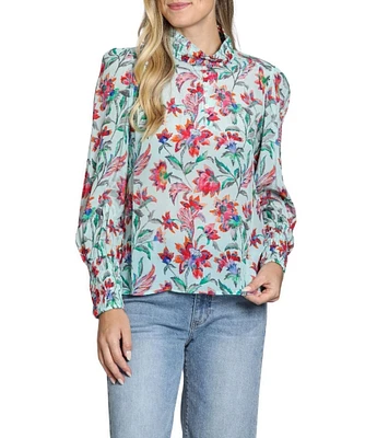 APNY Woven Floral Print Mock Neck Long Sleeve Blouse