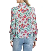 APNY Woven Floral Print Mock Neck Long Sleeve Blouse