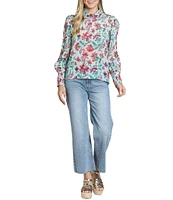 APNY Woven Floral Print Mock Neck Long Sleeve Blouse