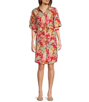 APNY Woven Floral Print Point Collar 3/4 Sleeves Shift Dress