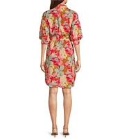 APNY Woven Floral Print Point Collar 3/4 Sleeves Shift Dress