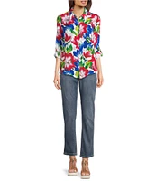 APNY Woven Floral Print Point Collar Long Roll Tab Sleeve Shirt