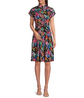 APNY Woven Floral Print Point Collar Short Sleeve Shirt Dress